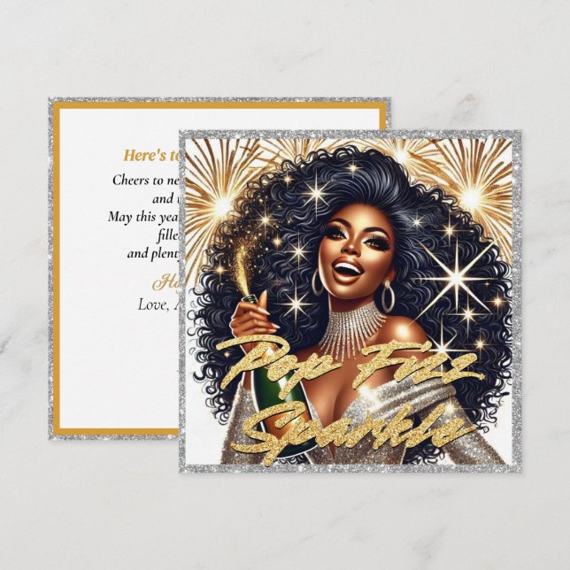 Tarjeta Glamorosa negra traspasando champagne Año Nuevo (Anverso / Reverso)