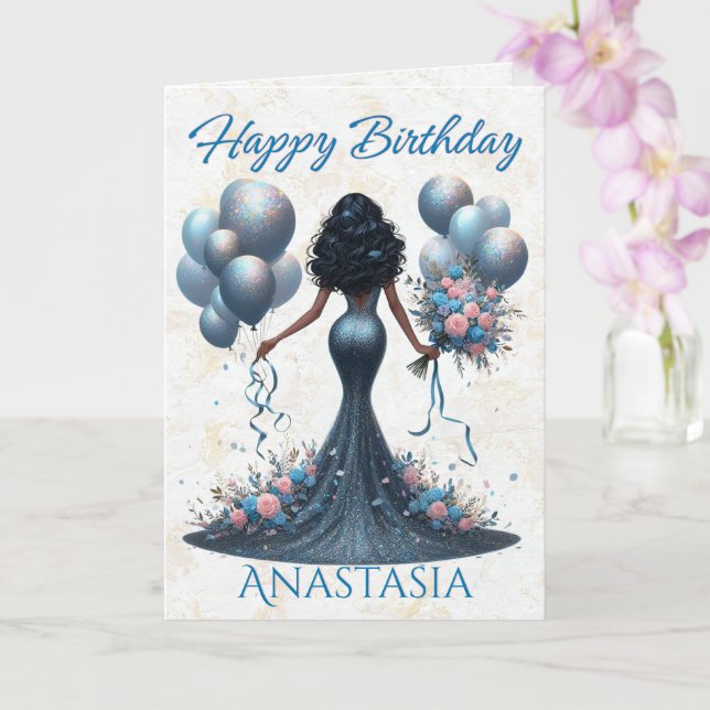 Tarjeta Glamoroso cumpleaños azul de mujer afroamericana (Orquídea)