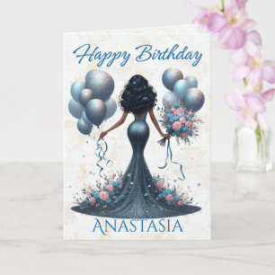 Tarjeta Glamoroso cumpleaños azul de mujer afroamericana
