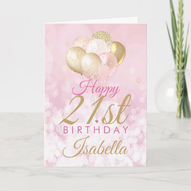 Tarjeta Glamoroso globo Rubor Pink Gold de 21 años (Anverso)