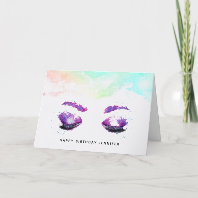 Tarjeta Glamorosos ojos púrpuros y brotes acuarela Cumplea (Anverso)
