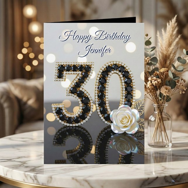 Tarjeta Glamorous 30th Birthday Black Diamonds White Rose  (Subido por el creador)