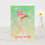 Tarjeta Glamour Fiesta Goose "For Sister" Cumpleaños<br><div class="desc">Envíe a su hermana especial una tarjeta que recuerde con este ganso festivo glam. ¡Personaliza los mensajes y diviértete! Muchas gracias por mirar. Foto y trabajo de arte ©Christine Greenspan</div>