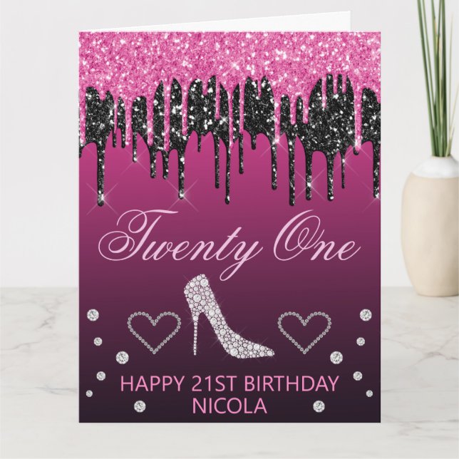 Tarjeta Glamuroso Cumpleaños con Glitter Negro y Rosa que  (Anverso)