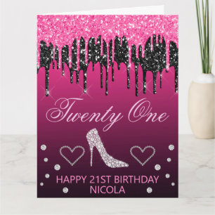 Tarjeta Glamuroso Cumpleaños con Glitter Negro y Rosa que 