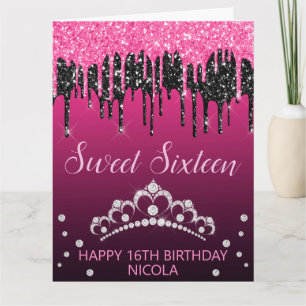 Tarjeta Glamuroso negro y rosa goteando brillo Sweet 16