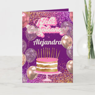 Tarjeta Glitter de Tarta Español Balones Transparentes Cum