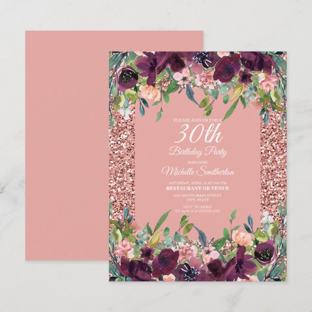 Tarjeta Glitter Rosa Floral Morado Cumpleaños 30 de Mujere (Anverso / Reverso)