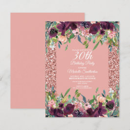 Tarjeta Glitter Rosa Floral Morado Cumpleaños 30 de Mujere
