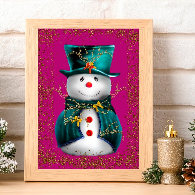 Tarjeta Glittering Green Velvet Snowman Pink Christmas (Glittering Green Velvet Snowman Pink Christmas Card by the Olde Christmas Shoppe)
