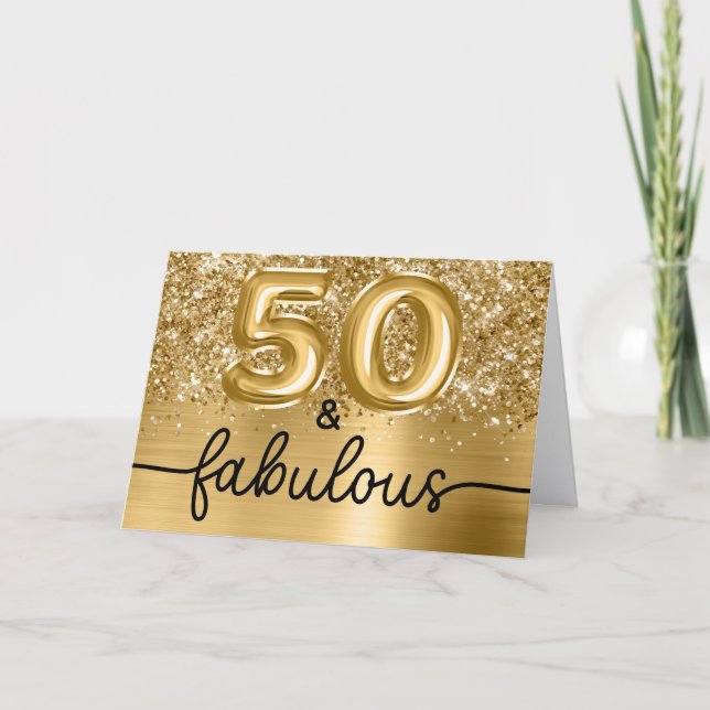 Tarjeta Glittery Gold Glam 50 and Fabulous (Anverso)