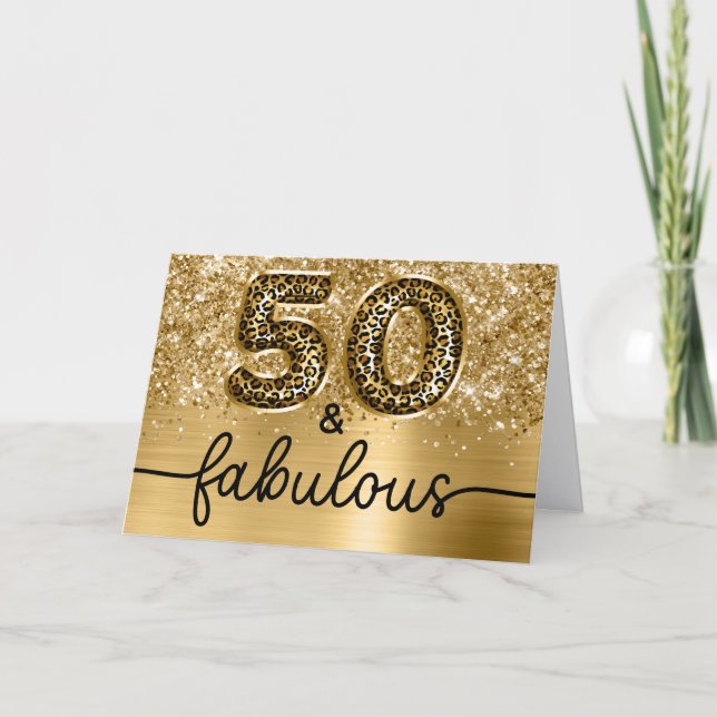 Tarjeta Glittery Gold Leopard Glam 50 and Fabulous (Anverso)