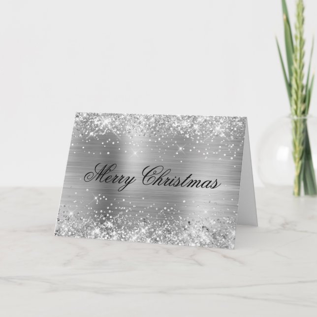 Tarjeta Glittery Metallic Silver Family Photo (Anverso)