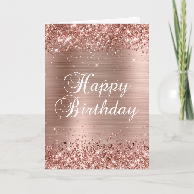 Tarjeta Glittery Rose Gold Foil 2 Feliz Cumpleaños (Anverso)