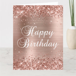 Tarjeta Glittery Rose Gold Foil Cumpleaños Feliz Grande
