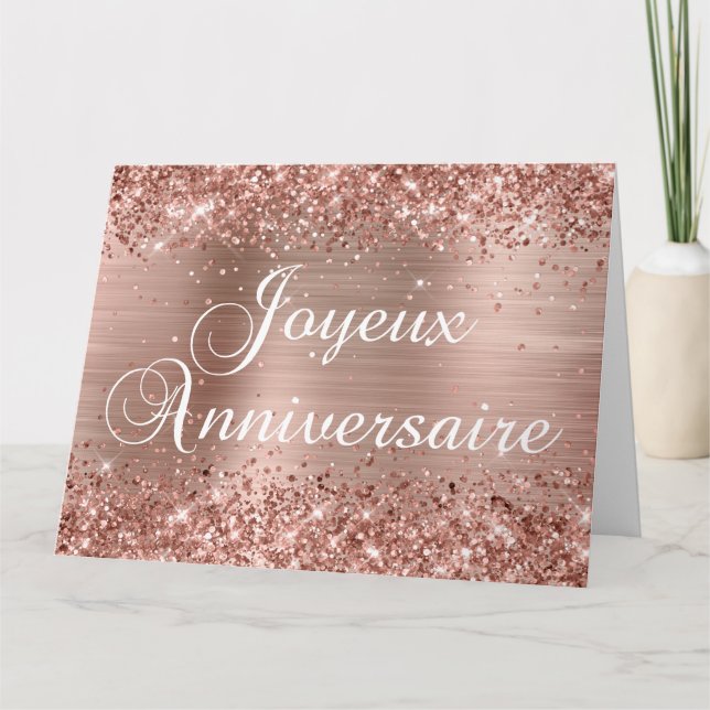 Tarjeta Glittery Rose Gold Foil Feliz Cumpleaños (Anverso)