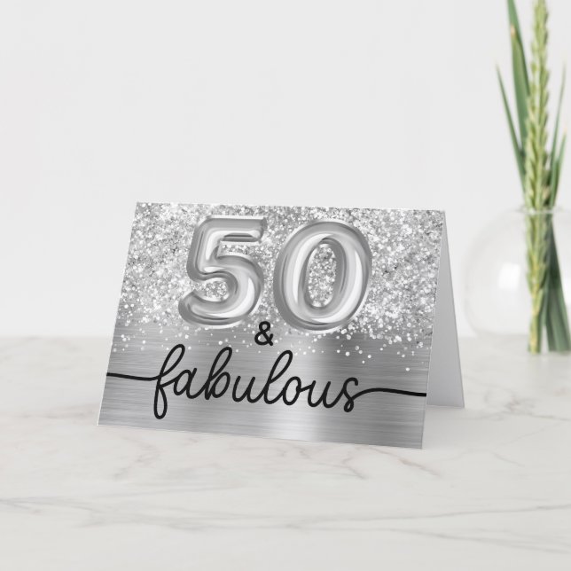 Tarjeta Glittery Silver Glam 50 and Fabulous (Anverso)