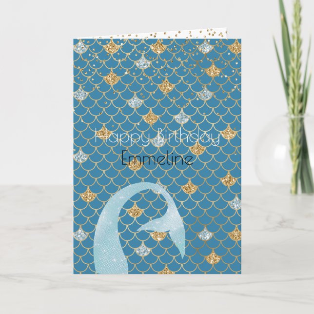 Tarjeta Glitzy Aqua Gold Purpurina Sparkle Mermaid (Anverso)