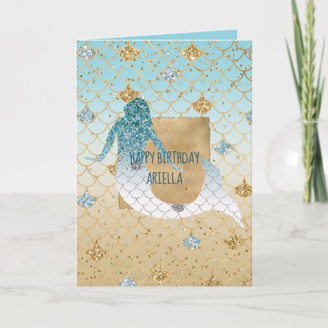 Tarjeta Glitzy Aqua Mermaid Blue Gold Sparkle Purpurina    (Anverso)