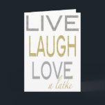 Tarjeta Glitzy de Hanukkah "Live Lauren Love a lat<br><div class="desc">Hanukkah "Live, Laugh, Love a Latke" Tarjeta de felicitación dorada/plateada con sobre blanco. Personalice borrando "Happy Chanukah" y añada su propia redacción eligiendo su estilo de fuente, color y tamaño favorito. Gracias por detenerse y ir de compras. ¡¡¡Mucho aprecio!!! ¡Feliz Hanukkah/Chanukah! Dimensiones: 5" x 7" (retrato) o 7" x 5"...</div>