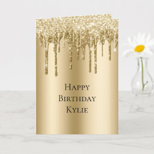 Tarjeta Glitzy Gold Sparkle Purpurinas Drin Cumpleaños