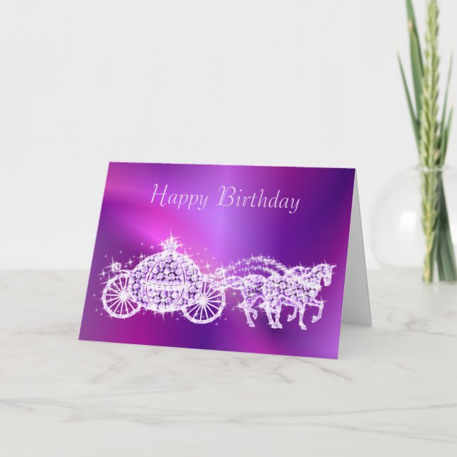 Tarjeta Glitzy Princess Purple Coach & Horses Cumpleaños (Anverso)