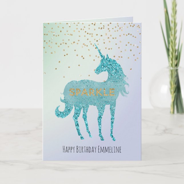 Tarjeta Glitzy Purple Aqua Sparkle Unicorn Nombre (Anverso)