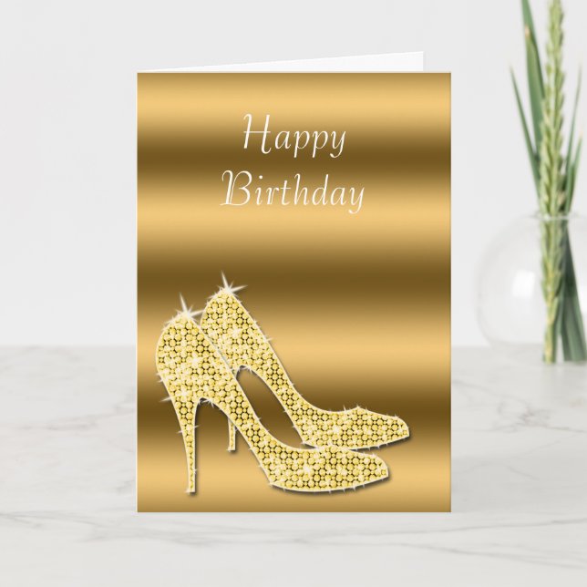 Tarjeta Glitzy Sparkly Gold Stiletto Shoes Cumpleaños (Anverso)