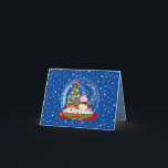 Tarjeta Globe Snowman Snow<br><div class="desc">Snowman Snow Globe Card Snowy Scenery con un decorado árbol de Navidad,  regalos,  arcos y renos con pañuelos. No se sacudan demasiado. Felices fiestas hechas con letras blancas.</div>