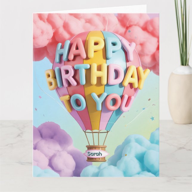 Tarjeta Globo aerostático "Feliz Cumpleaños" 3D caprichoso (Anverso)