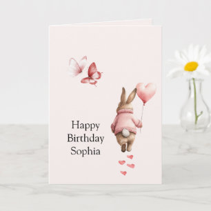 Tarjeta Globo de corazón de conejo mariposas rosadas cumpl