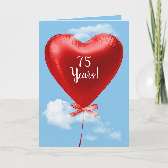 Tarjeta Globo de corazón rojo por 75 años (Anverso)