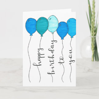 Tarjeta globo de cumpleaños feliz caligrafía azul mano esc