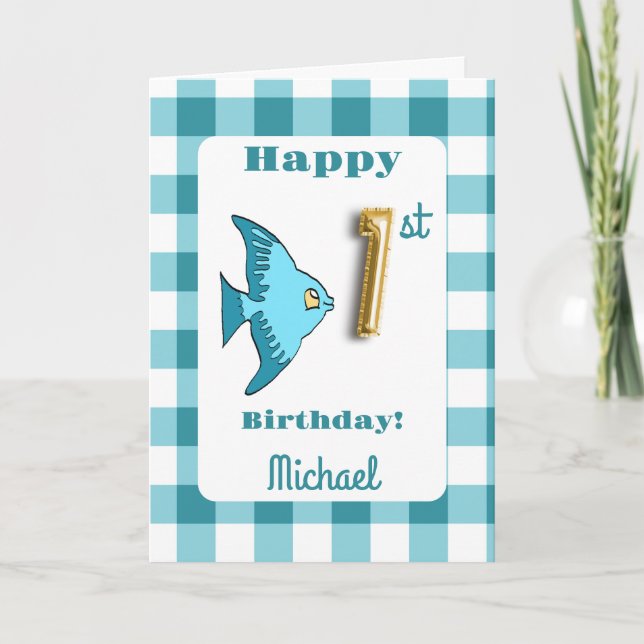 Tarjeta Globo de Gingham de Pescado y Azul Turquesa Número (Anverso)