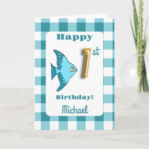 Tarjeta Globo de Gingham de Pescado y Azul Turquesa Número