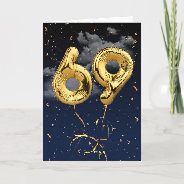 Tarjeta Globo de Mylar de oro para cumpleaños número 69 y  (Anverso)