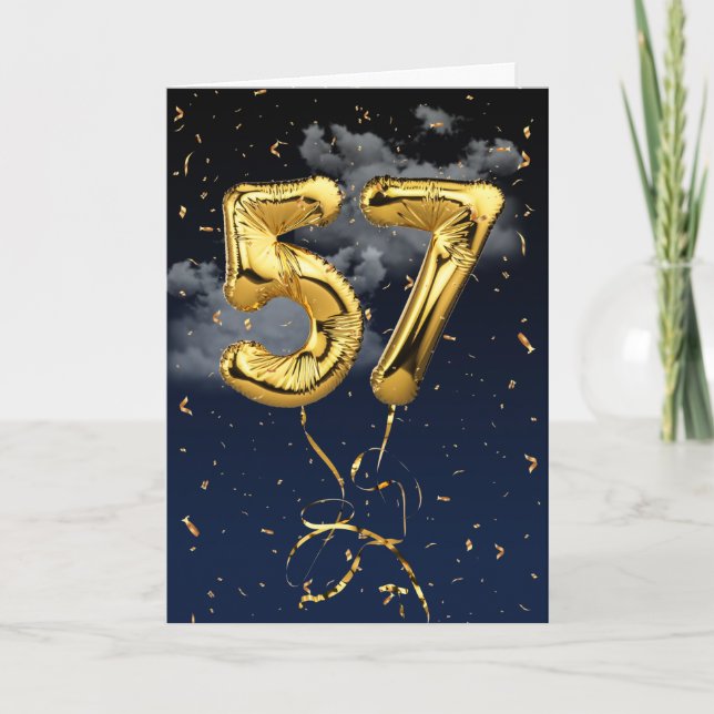Tarjeta Globo de Mylar dorado de cumpleaños número 57 y ta (Anverso)