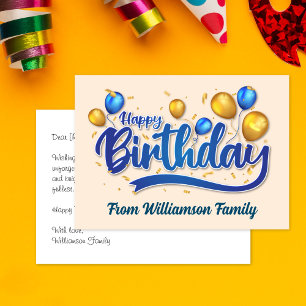 Tarjeta Globo de oro y azul, feliz cumpleaños