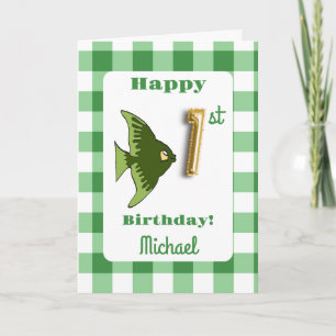 Tarjeta Globo de papel metálico dorado con gingham verde p