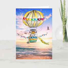 Tarjeta Globo de playa de San Valentín acuarela gatos arco