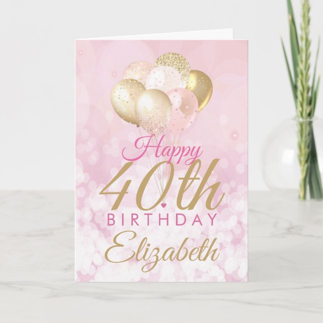 Tarjeta Globo de Purpurina rosa 40.º glam de cumpleaños (Anverso)