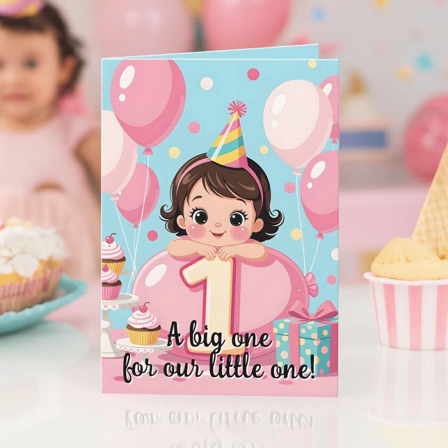 Tarjeta Globo Rosa Bruneta Cumpleaños Primera Cumpleañera  (Subido por el creador)