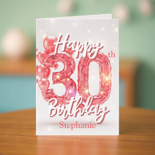 Tarjeta Globo Rosa Elegante y Gema Brillante Cumpleaños 30