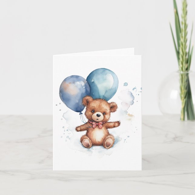 Tarjeta Globos azules de acuarela oso de peluche marrón (Anverso)