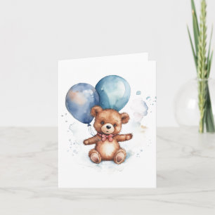 Tarjeta Globos azules de acuarela oso de peluche marrón