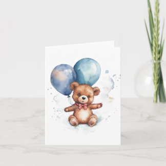 Tarjeta Globos azules de acuarela Oso de peluche marrón