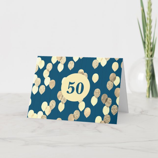 Tarjeta Globos azules y dorados 50 cumpleaños (Anverso)