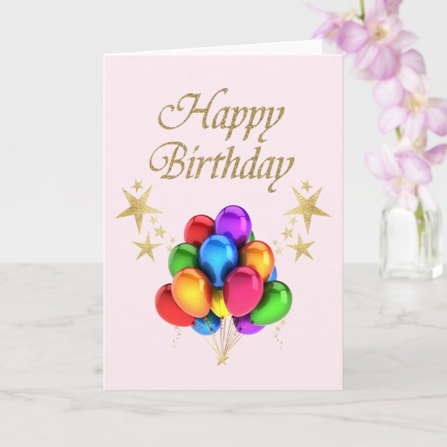 Tarjeta Globos coloridos Gold Stars Feliz cumpleaños (Orquídea)