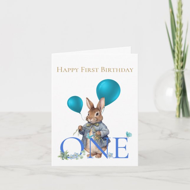 Tarjeta Globos de conejo de primer cumpleaños Número Uno (Anverso)