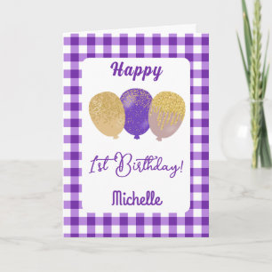 Tarjeta Globos de Cuadros Morados y Brillo Cumpleaños 1